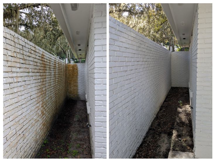 Before and after commercial exterior cleaning in Detroit — brick walkway and building facade restored