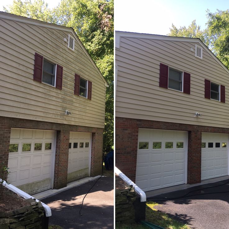 Before and after residential exterior soft wash in Ann Arbor — siding and garage doors restored